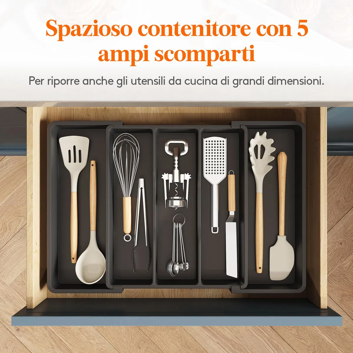 Lifewit Portaposate da Cassetto, Organizer Utensili da Cucina, Porta Posate Regolabile in Plastica, per Utensili e Accessori, Profondità 38 cm, Espandibile fino a 57 cm, Pacchi 1, Nero