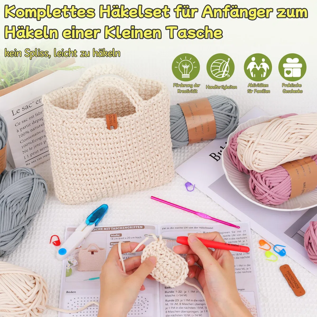 Coopay Set uncinetto per principianti, borsa per uncinetto con ago da 4,5 mm, istruzioni, lana da 5 mm di spessore per uncinetto piccola borsa a mano, regali creativi per figlie, famiglia e amici