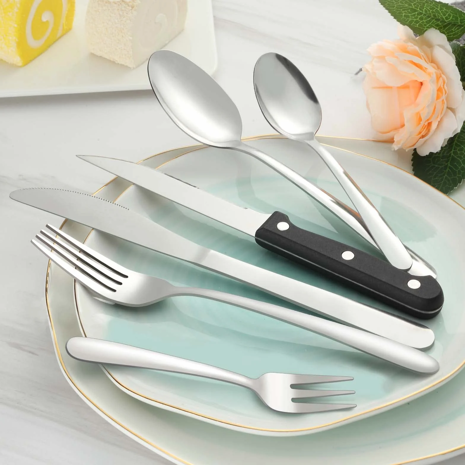 Pleafind posate da 36 pezzi, posate acciaio inox 6 persone per uso alimentare, set posate in argento con coltello, cucchiaio, forchetta, coltello da bistecca, lavabili in lavastoviglie