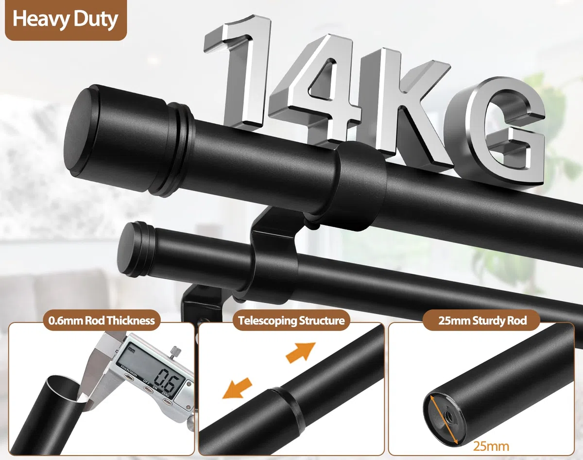 HOTOZON Nero Bastone da Tenda Doppio 167-305 cm, 25 mm Estensibile Bastone Tenda Doppio Montado en la Pared con Remates de Tapa Para Ventanas