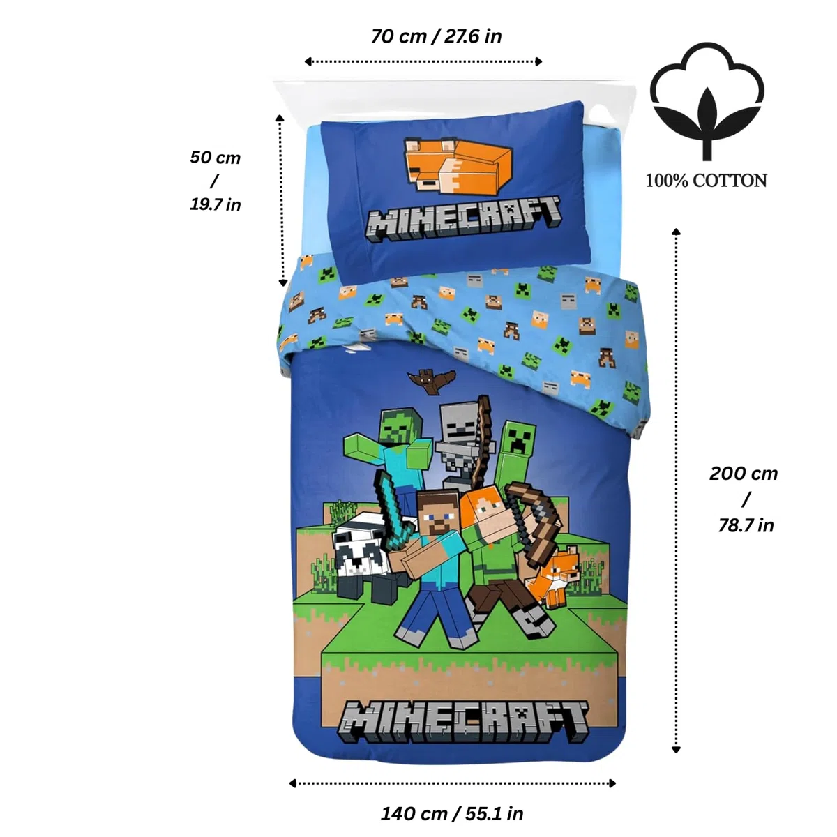 Minecraft Biancheria da letto per bambini | Copripiumino 140x200 cm & federa 50x70 cm | 100% cotone, morbido e traspirante | Design Minecraft “Ready to Survive”
