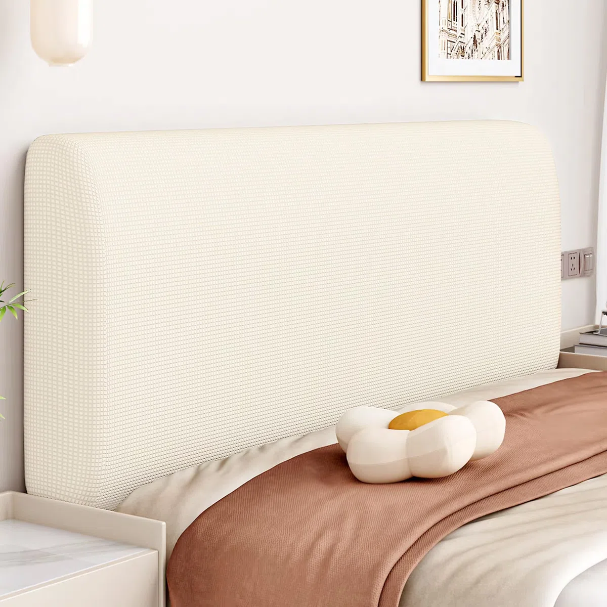 Copri Testiera Letto Elastico Copertura Testiera Letto Forma di Chicco di Mais Rivestimento Antipolvere per Testiere Letto Bianco Sporco 120cm