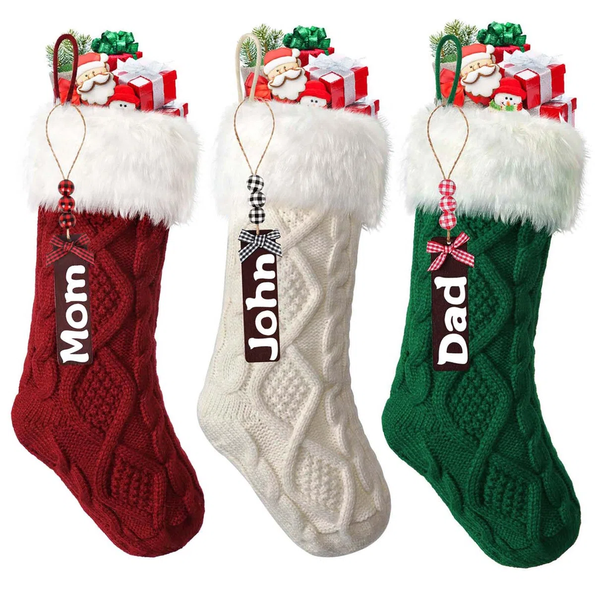 3 pezzi Calze natalizie lavorate a maglia in lana con targhette con nome, calze di Natale decorative, calze di Natale per feste di Natale, decorazioni natalizie e regali per bambini