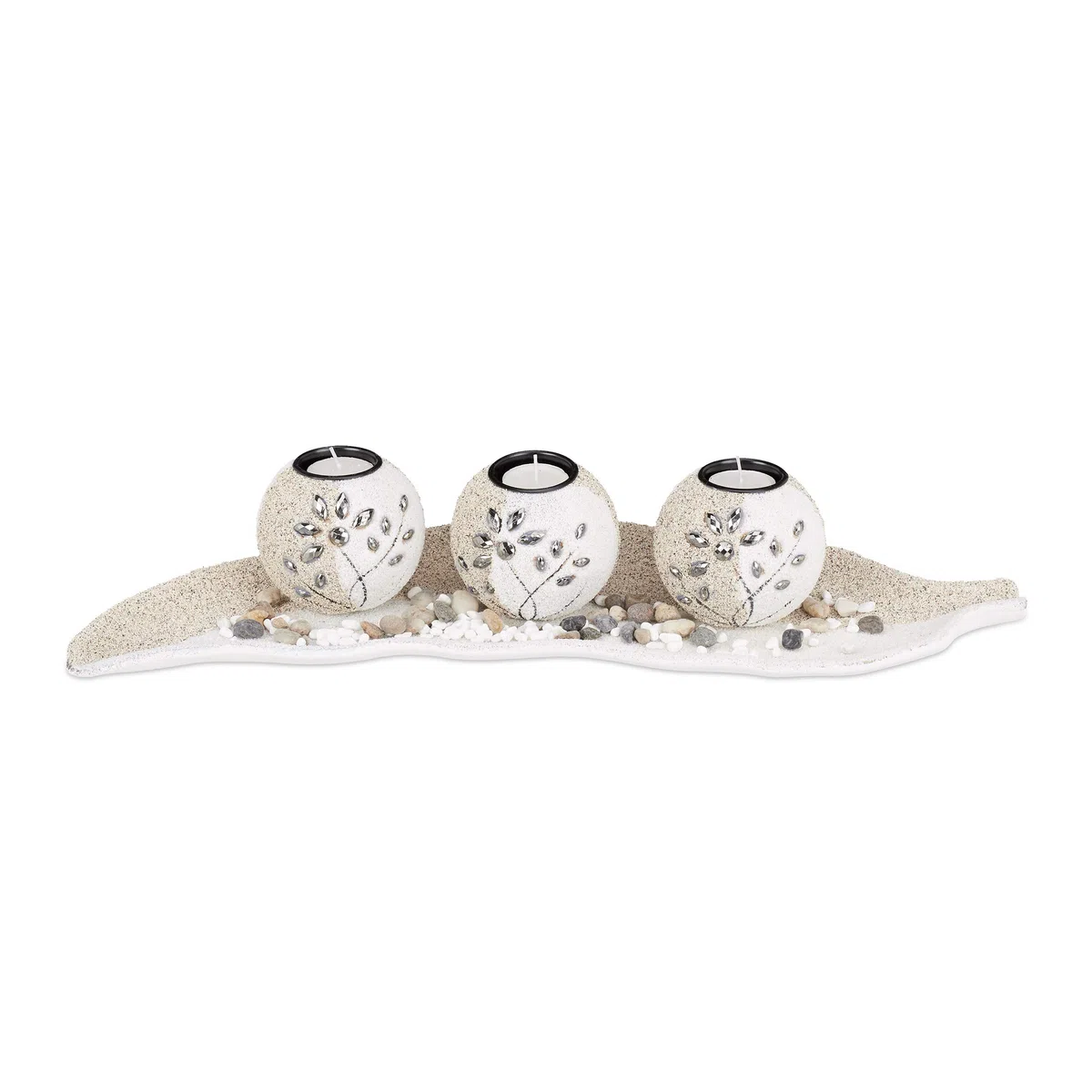 Relaxdays Set Portacandele, Base a Forma di Foglia, con Sabbia e Ciottoli Decorativi, da Tavolo, Beige/Bianco
