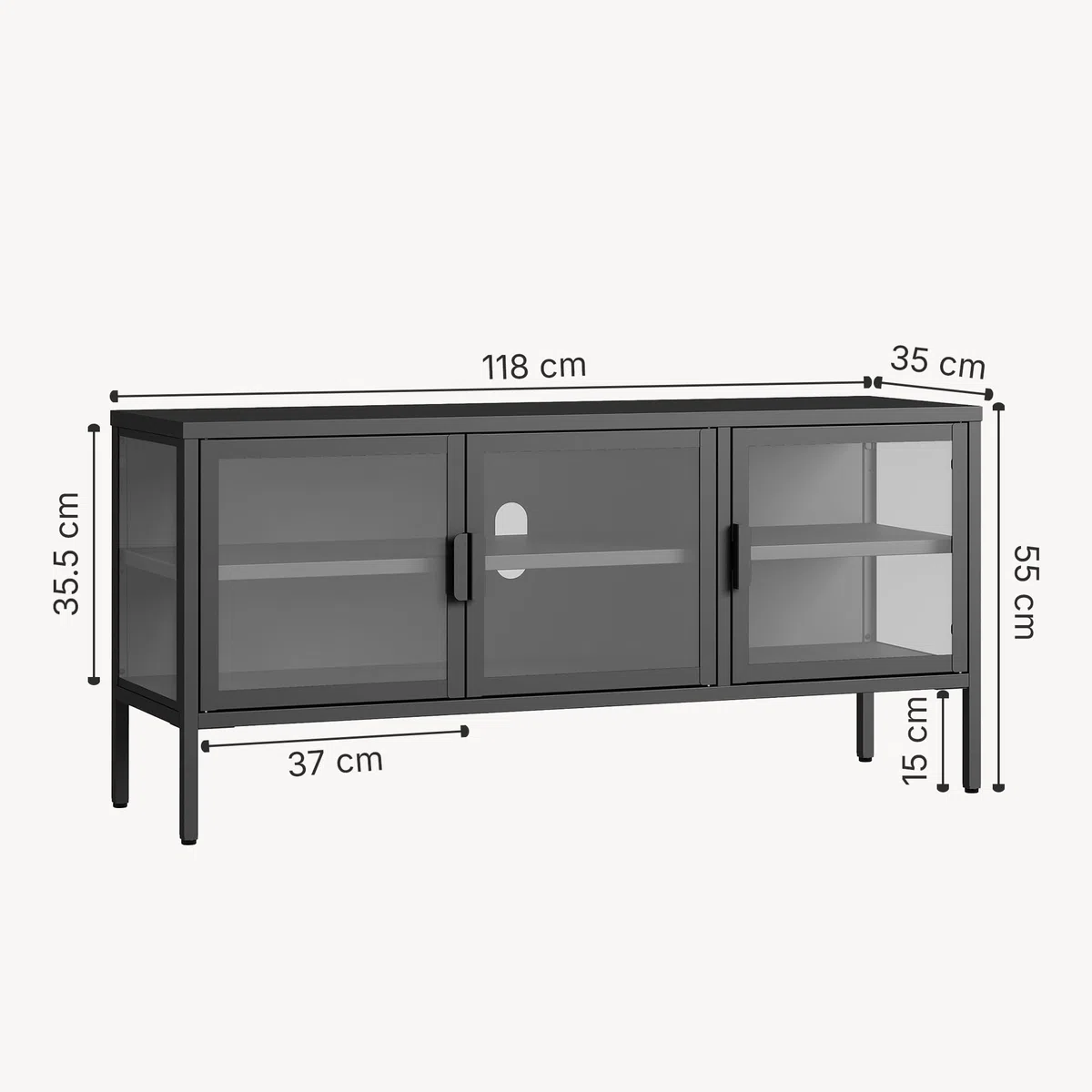 [en.casa] Armadietto con Vetrina Mobile TV in Acciaio Nero con 3 Ante in Vetro Temperato Mobile Contenitore Moderno per Soggiorno Ufficio 55 x 118 x 35 cm