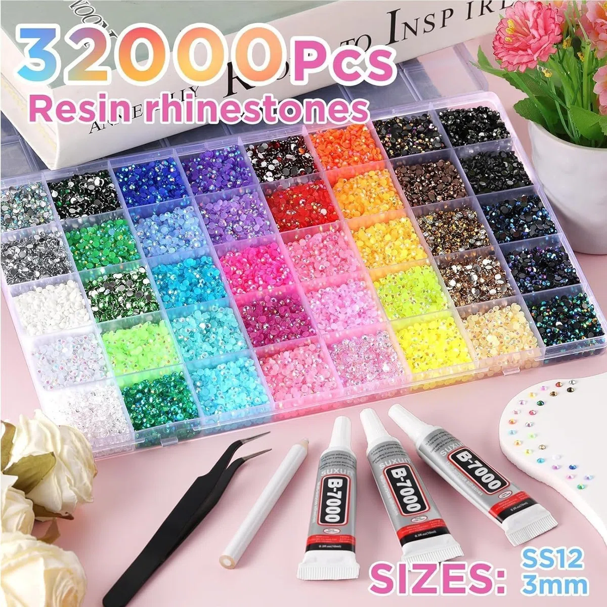 Bedazzling - Kit con colla e penna, kit di strass Bedazzle in 40 colori, multicolore con retro piatto, gemme arcobaleno per fai da te, kit di strass Bedazzler per abbigliamento, scarpe, libri per