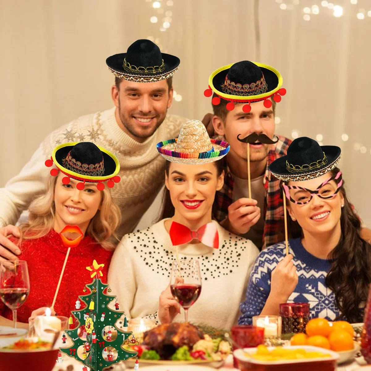 Set Di 6 Cappelli In Paglia Sombrero In Tessuto Per Feste Con Frange A Sfera, Con Fascia Per Capelli, Pet Cappello Di Paglia, A Tema Messicano Decorazioni E Bomboniere