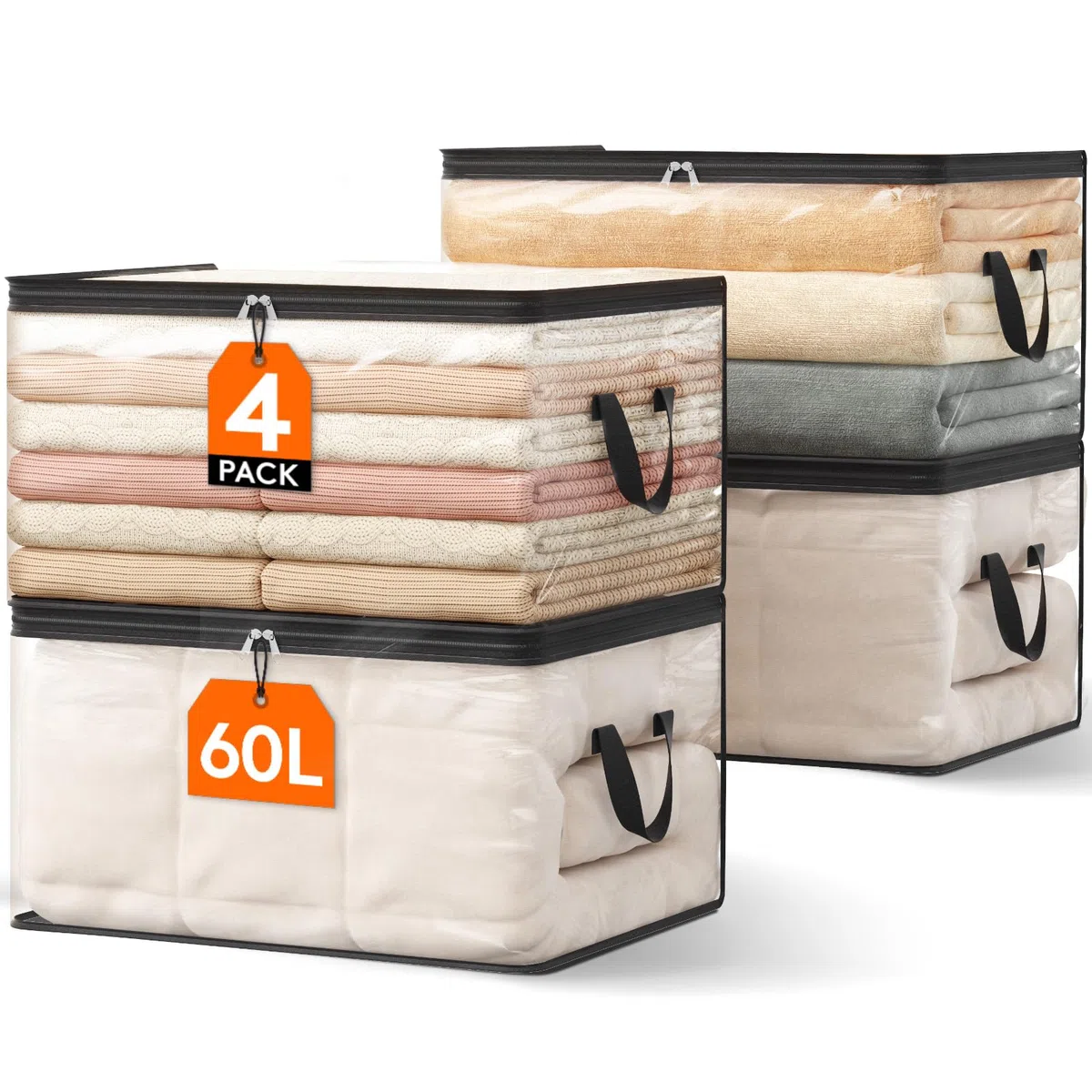 Lifewit 4 Pezzi Scatole per Vestiti Trasparente 60L, Organizer Armadio Pieghevole con Manici, Scatole per Armadio en PVC, Scatoloni Trasloco, Organizer Armadio per Vestiti, Coperte, Piumoni, Libro