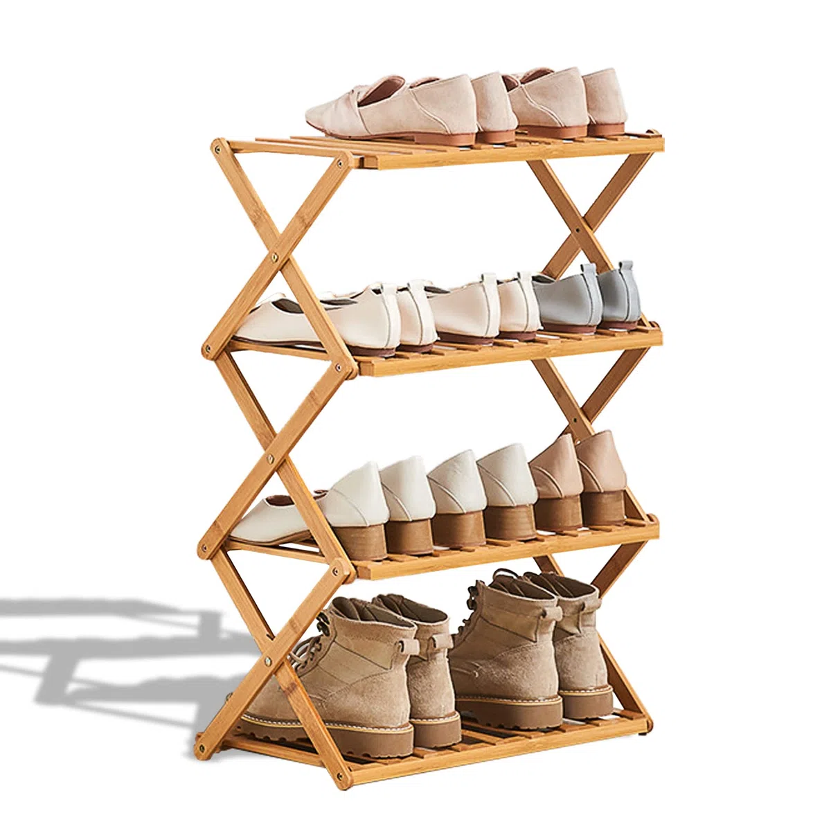 Scarpiera da 2 a 5 livelli, pieghevole a più livelli, in bambù, scaffale multifunzionale per scarpe autoportante. (4 ripiani (6,1 m di larghezza)