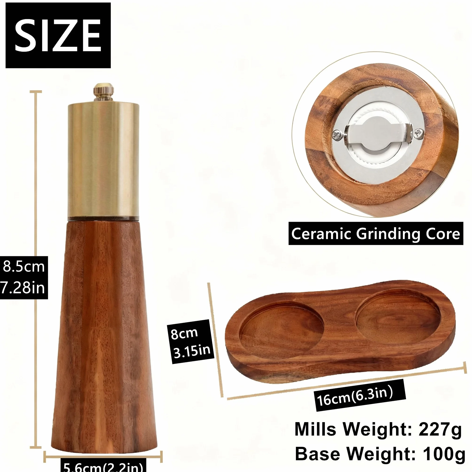 Set di Macine per Sale e Pepe in Legno con Staffa Base, Manuali Macine Pepe e Sale molino con Spessore Regolabile, Legno di Acacia, Ceramica, per Fresco Macinato Pepe Sale e Spezie, 2pcs 7,28pollici