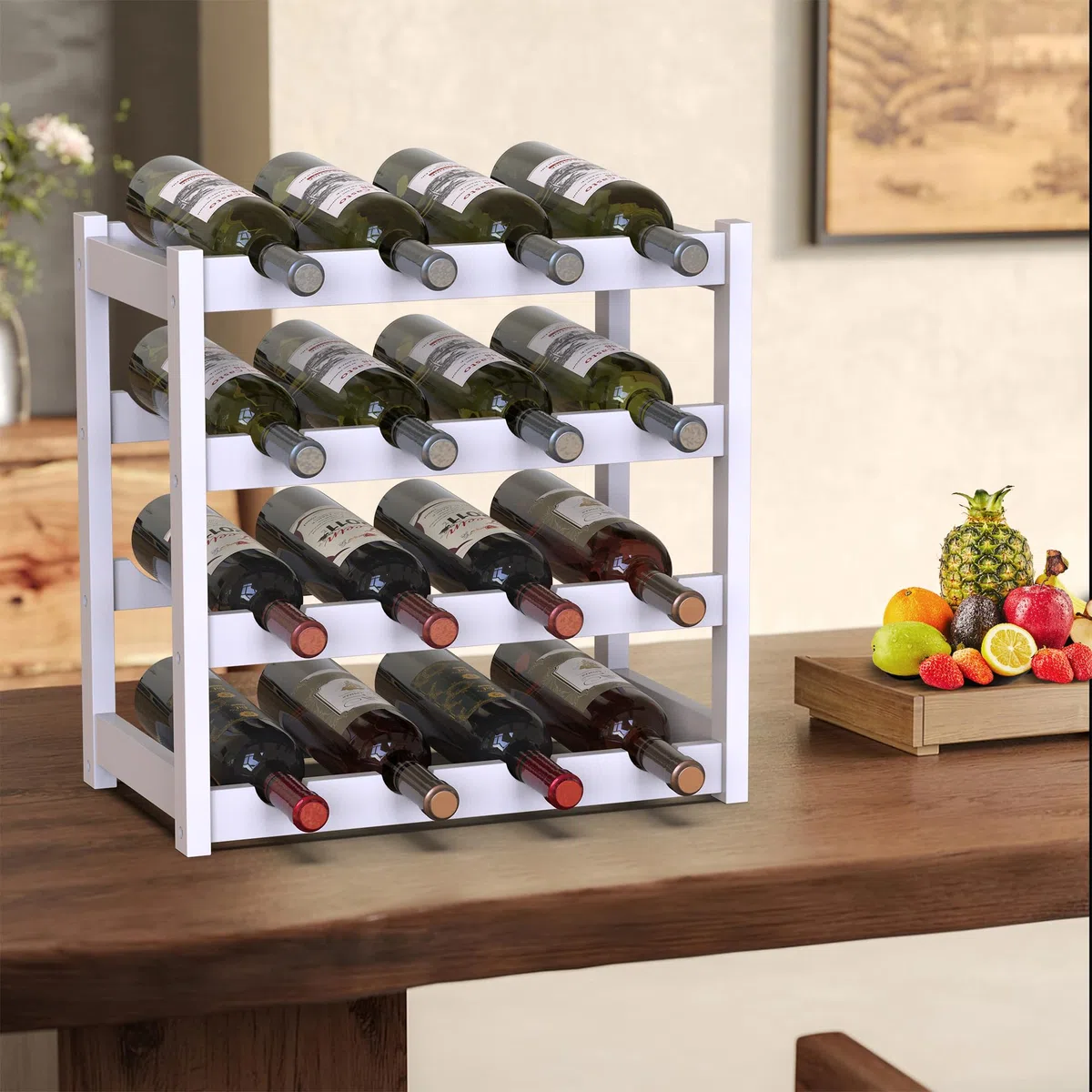 BAKAJI Cantinetta Portavino in Legno Bambù con 16 Scomparti per Vino Champagne, Portabottiglie da Terra, Cantina per Angolo Bar, Salotto, Cucina, Bistrot, Ristorante, 43.5 x 25 x 43 cm (Bianco)