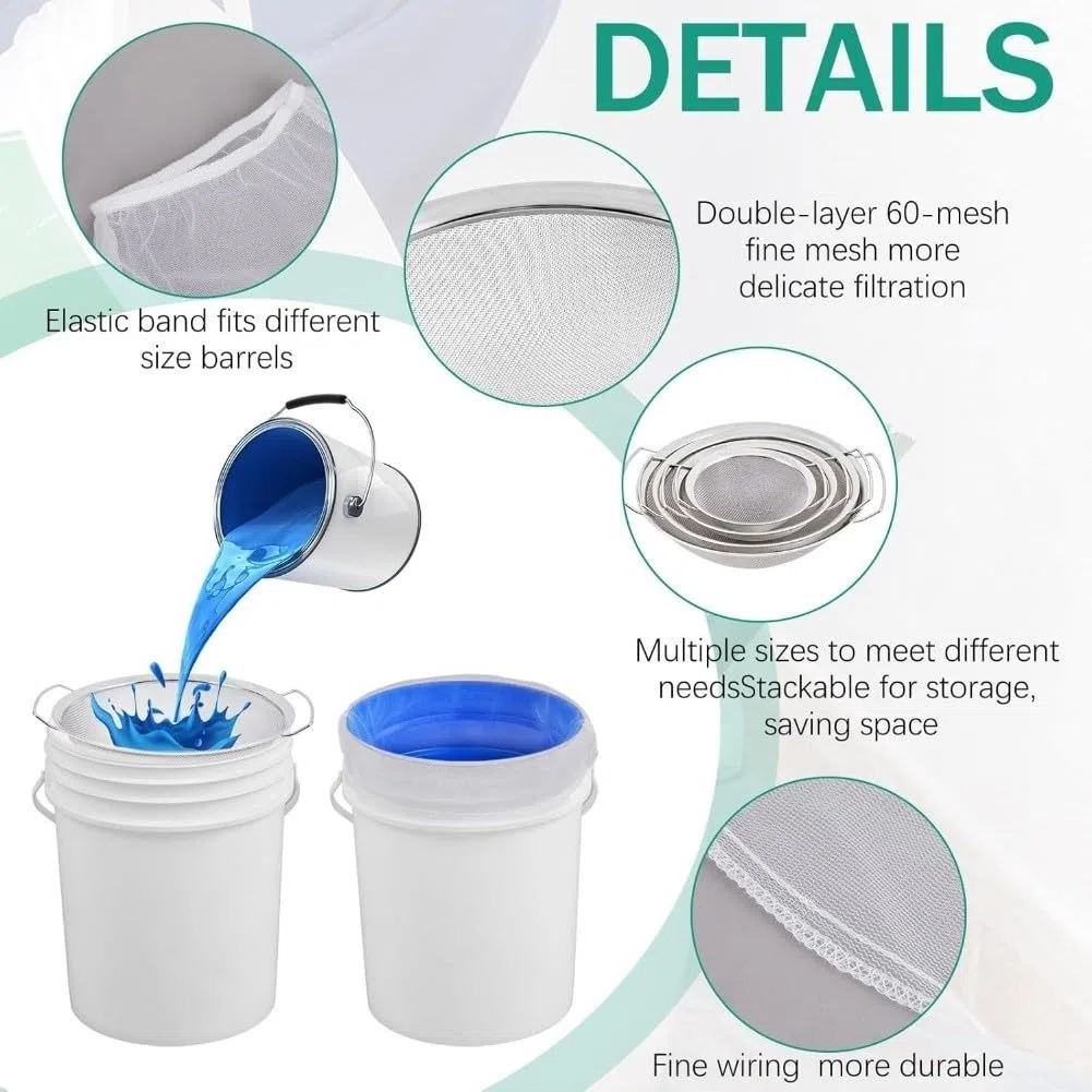 Set di filtri in acciaio inox a maglia fine per secchio da 5 galloni, filtro in metallo riutilizzabile per vernici, resine, vernici e alimenti, 14 pezzi