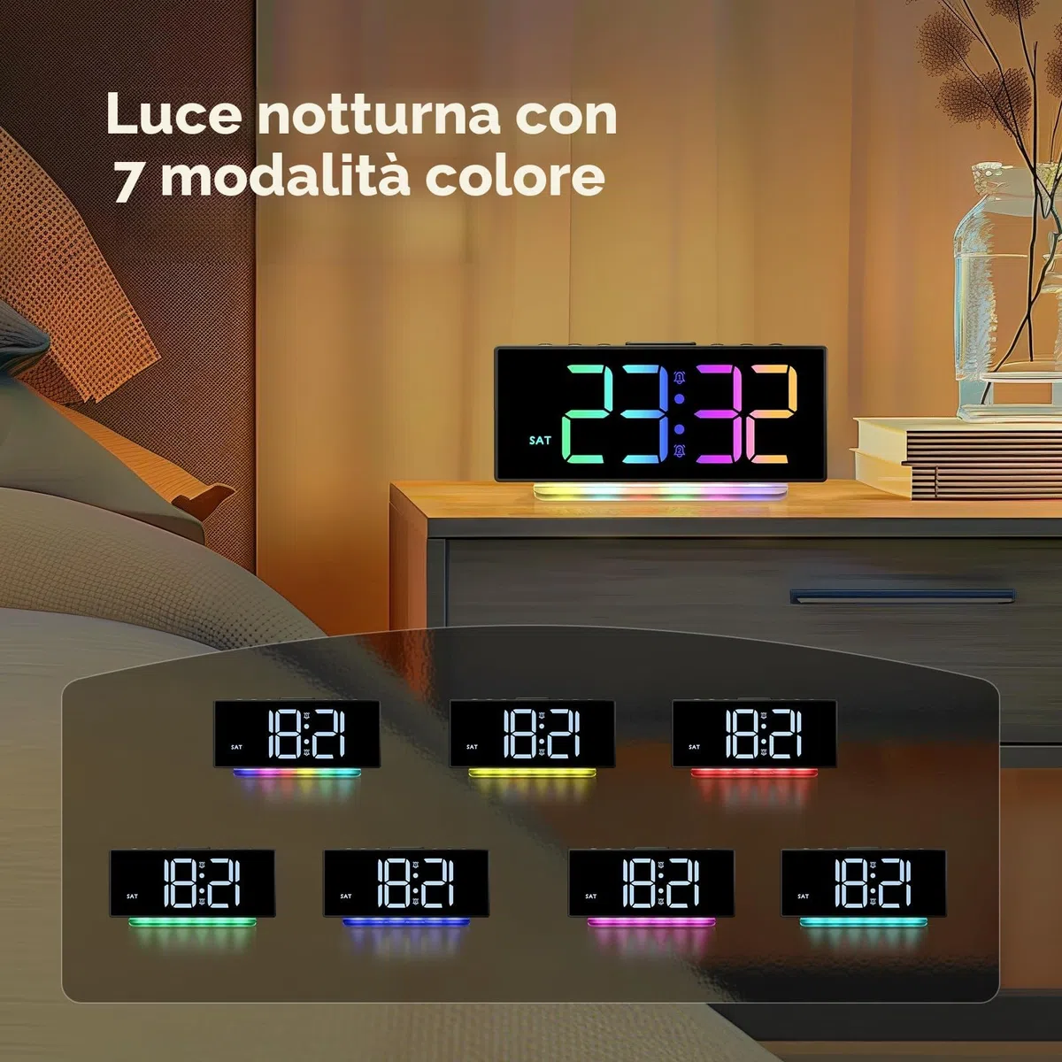 Sveglia da Comodino con Display Digitale a 8 Colori, Snooze, 2 Allarme, Luce Notturna RBG a 7 Colori,4 Livelli di Luminosità, Volume Regolabile, Nero