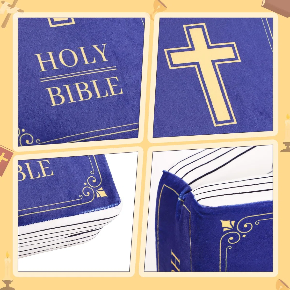 lasuroa Cuscino Bibbia, 33x22x9cm Cuscino Versetti Bibbia in Velluto che si Apre Cuscino a Forma di Libro Bomboniere Religiose Regali di Pasqua Battesimo per Donne Uomini(Blu)