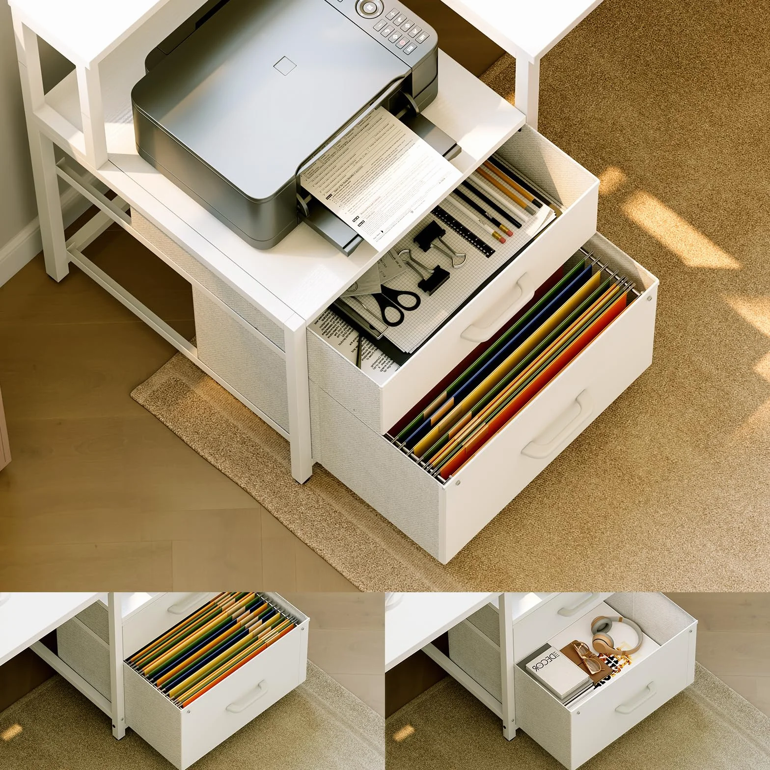 ODK Scrivania con Cassetti, 189.3×100cm Grande Scrivania Angolare Reversibile con 2 Porte di Ricarica USB e 2 Prese di Corrente, Scrivania Gaming per Casa Ufficio, Bianco