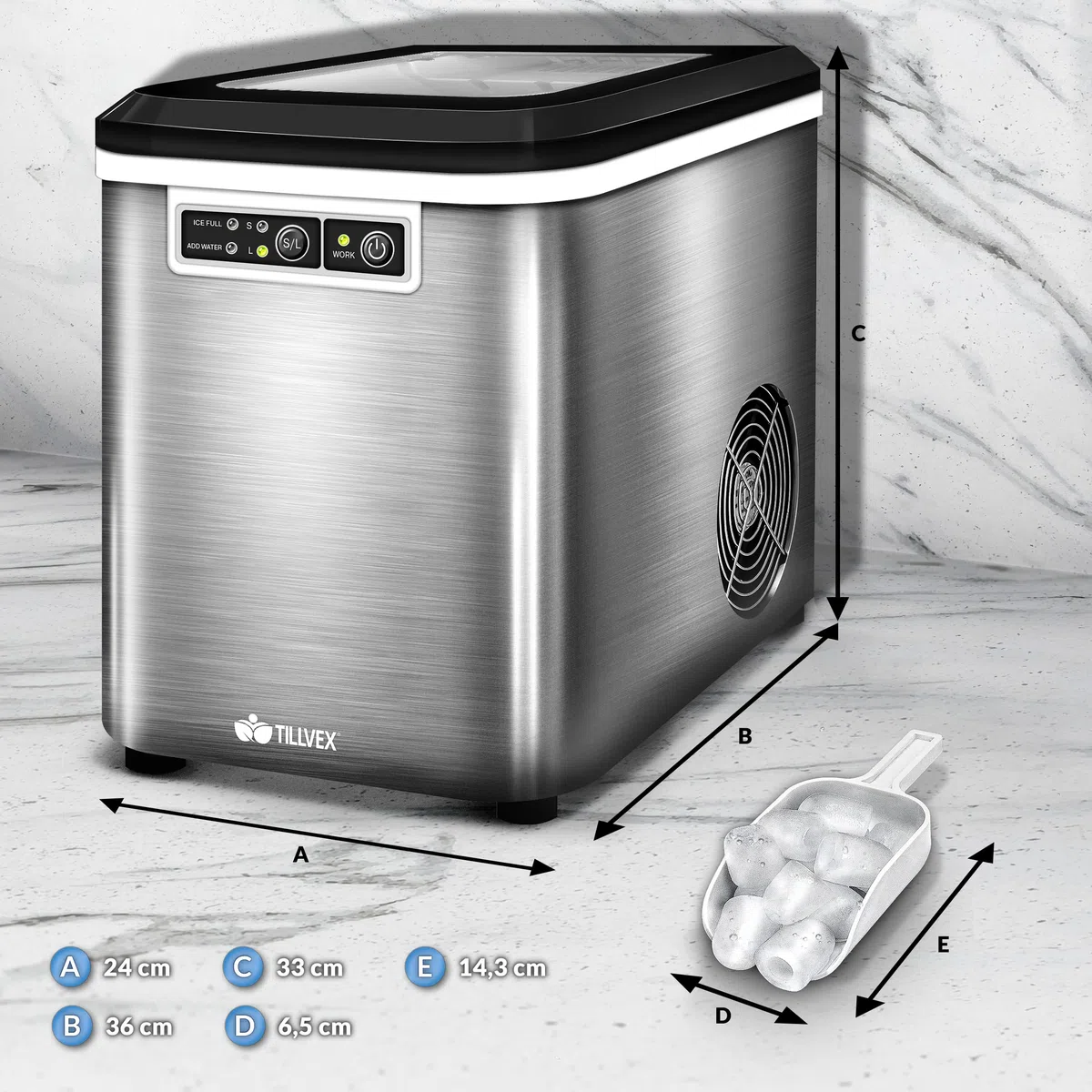tillvex Macchina per Ghiaccio 12 kg - 24 h | da Casa in Acciaio Inossidabile | Professionale | 2,2 L Serbatoio d'Acqua | Display LED, Autopulizia | 2 Misure di Cubetti