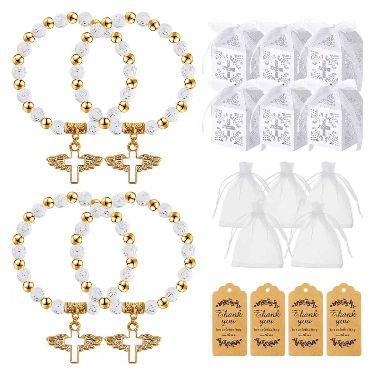 Set di bomboniere per battesimo da 20 pezzi: 20 braccialetti con croce rosario angelo, 20 scatole per battesimo, 20 sacchetti in organza, 20 etichette