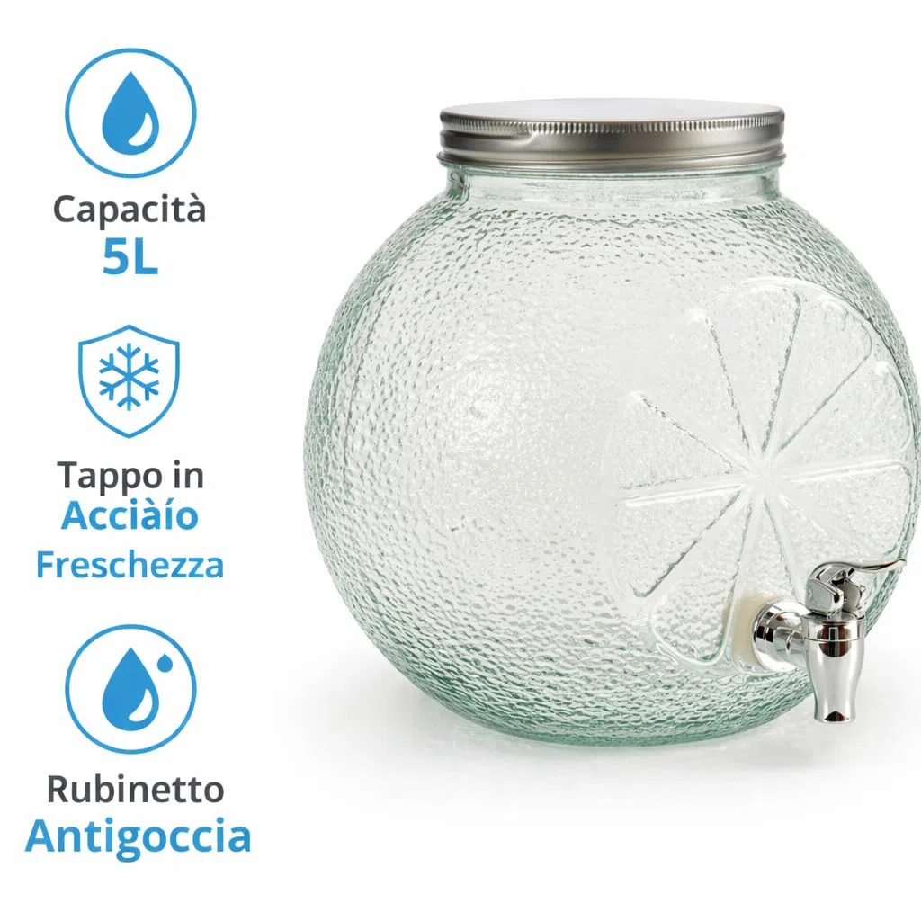 Dispenser Bevande in Vetro 5L con Rubinetto e Tappo Acciaio – Barattolo Porta Bibite 25x25 cm per Acqua, Cocktail, Eventi, Feste, Catering – Design Elegante e Compatto