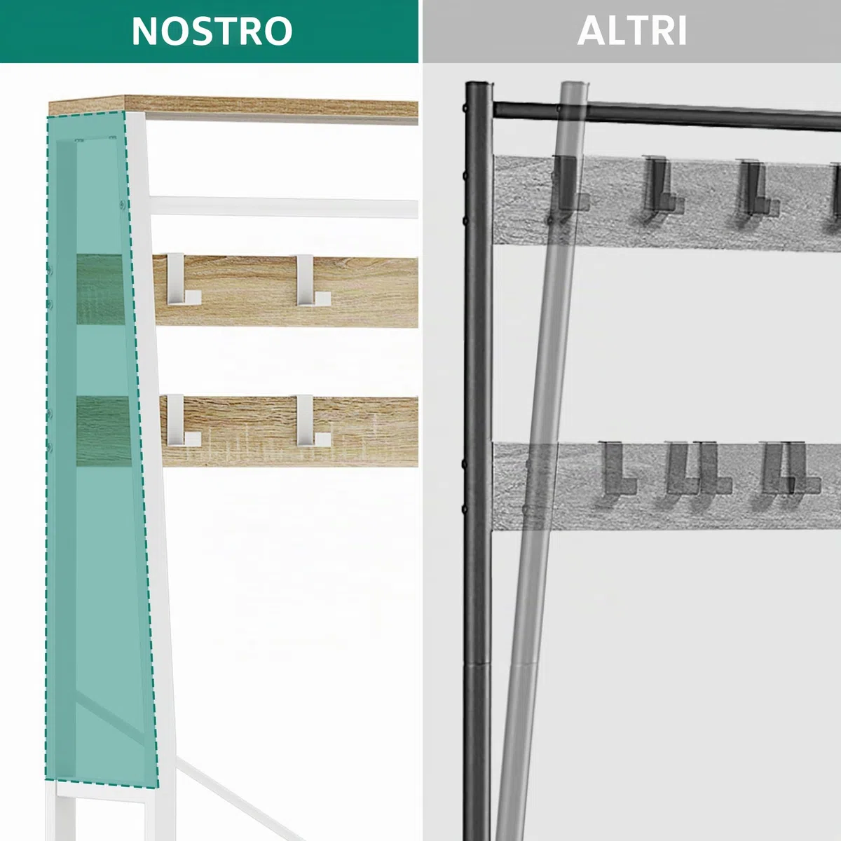YITAHOME Appendiabiti, Attaccapanni da Ingresso 6 in 1 con 2 Cassetti, Porta Abiti da Terra con Vano Portascarpe, Asta Appendiabiti in legno e Metallo, per Soggiorno Ingresso, Bianco e rovere