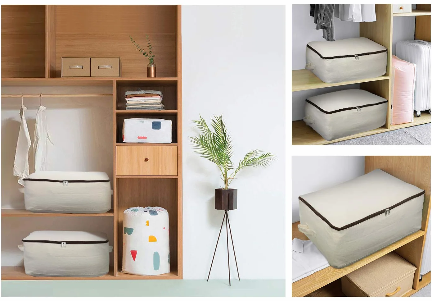 Borsa portaoggetti in tela di cotone traspirante morbida e resistente, 2 pezzi, organizer per armadio per biancheria da letto, trapunte, cuscini, coperte, vestiti, 65 * 47 * 22 cm, beige