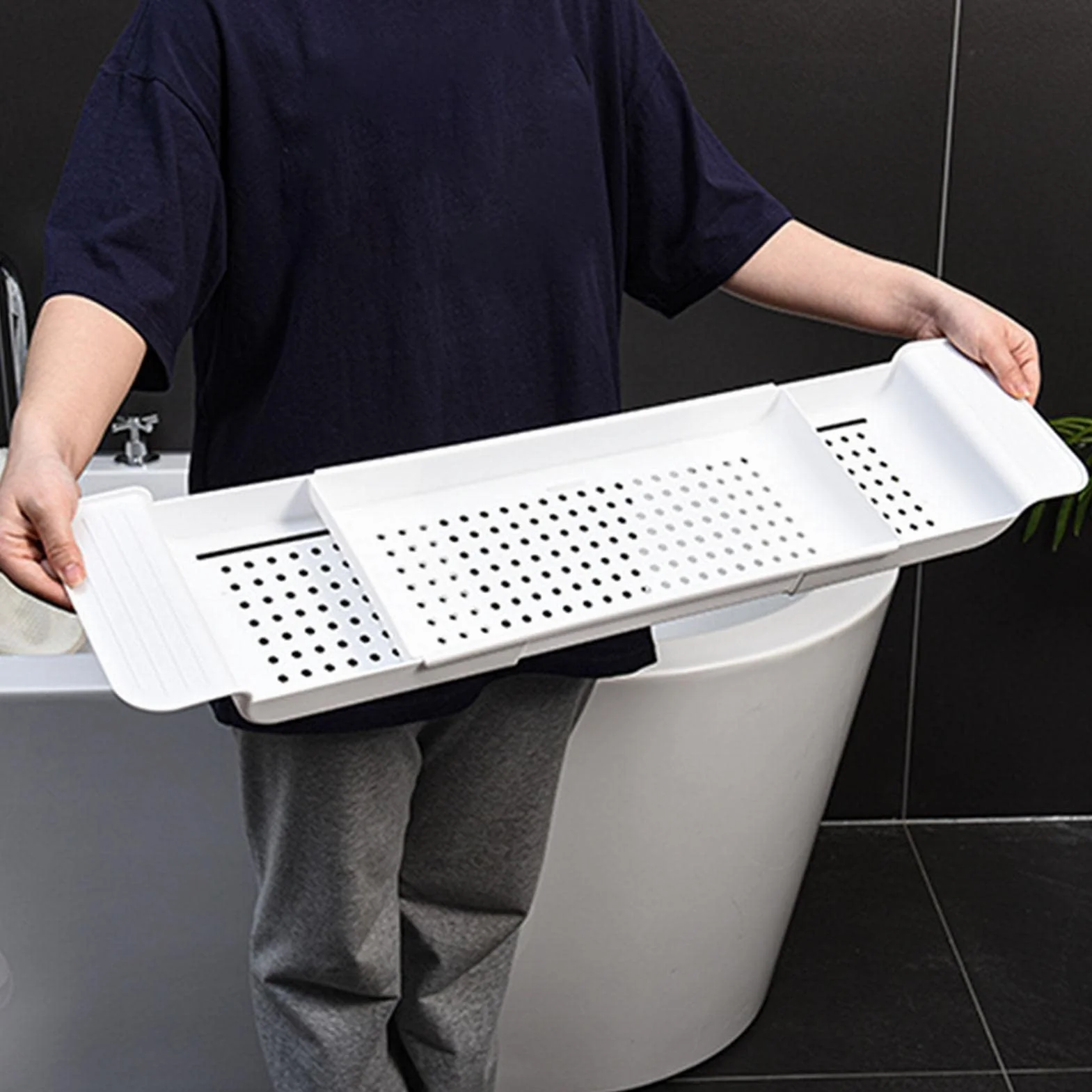 Vassoio portaoggetti per vasca da bagno, mensola espandibile per vasca da bagno, portaoggetti regolabile in plastica, vassoio da bagno, per vasca e gadget da bagno