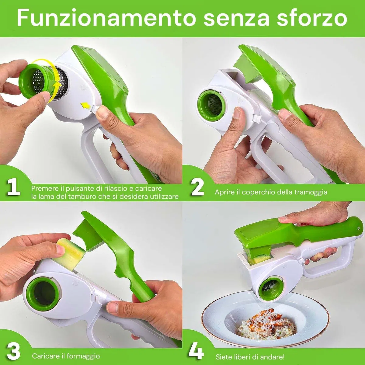 Avilia Grattugia Elettrica Cordless Multifunzione - 3 Rulli in Acciaio Frutta e Pane, Grane Diverse per Formaggi Duri e Morbidi, Corpo in Plastica, 12W, Giallo e Verde