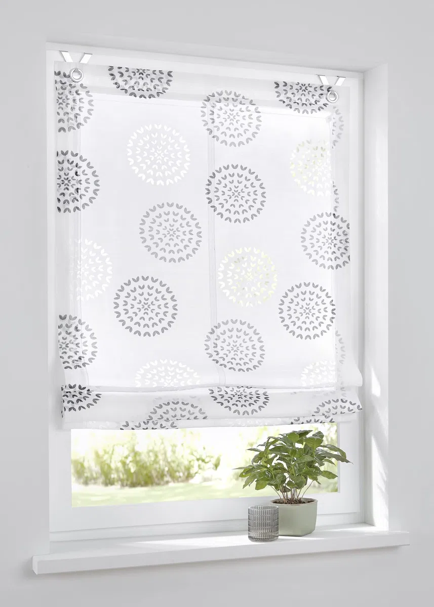 Kutti Bella Tenda a pacchetto con occhielli, design a cerchio stampato bianco e antracite, ganci per finestra inclusi 45 x 140 cm