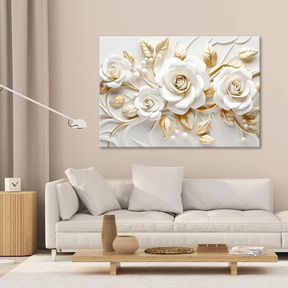 Feeby Quadro 3D Fiori Oro Natura 120x80 cm 1 parte Stampa Murale Decorazione da parete Immagini Moderni per Soggiorno Camera da Letto Ufficio Corridoio Hotel Spa Botanica Motivo floreale bianco