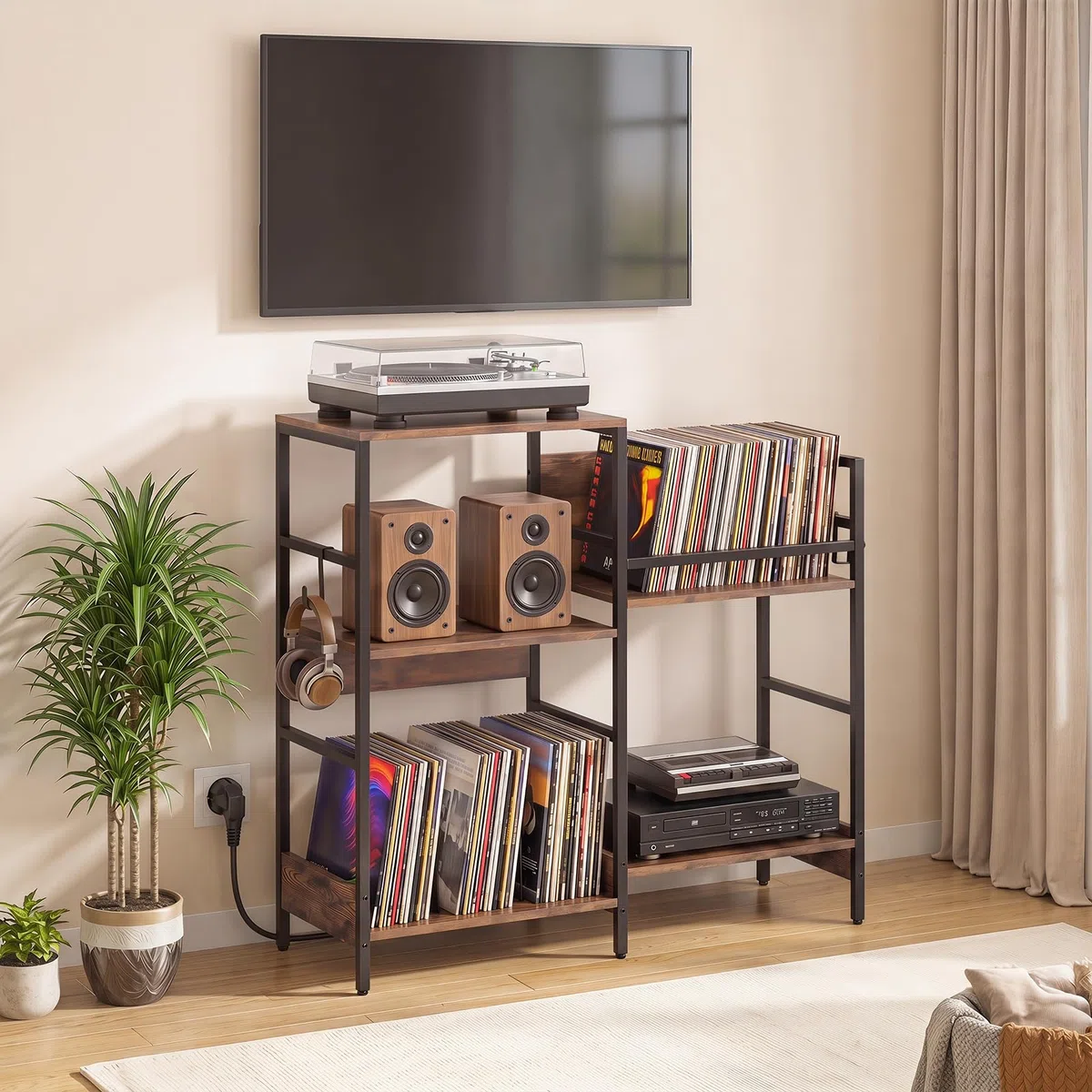 COSTWAY Mobile per Giradischi, Supporto per Vinile con Stazione di Ricarica, Mobile Porta Giradischi con 3 Ripiani, Scomparto, Ripiano Porta Vinili e 3 Ganci per Soggiorno e Studio, 78 x 30 x 78 cm