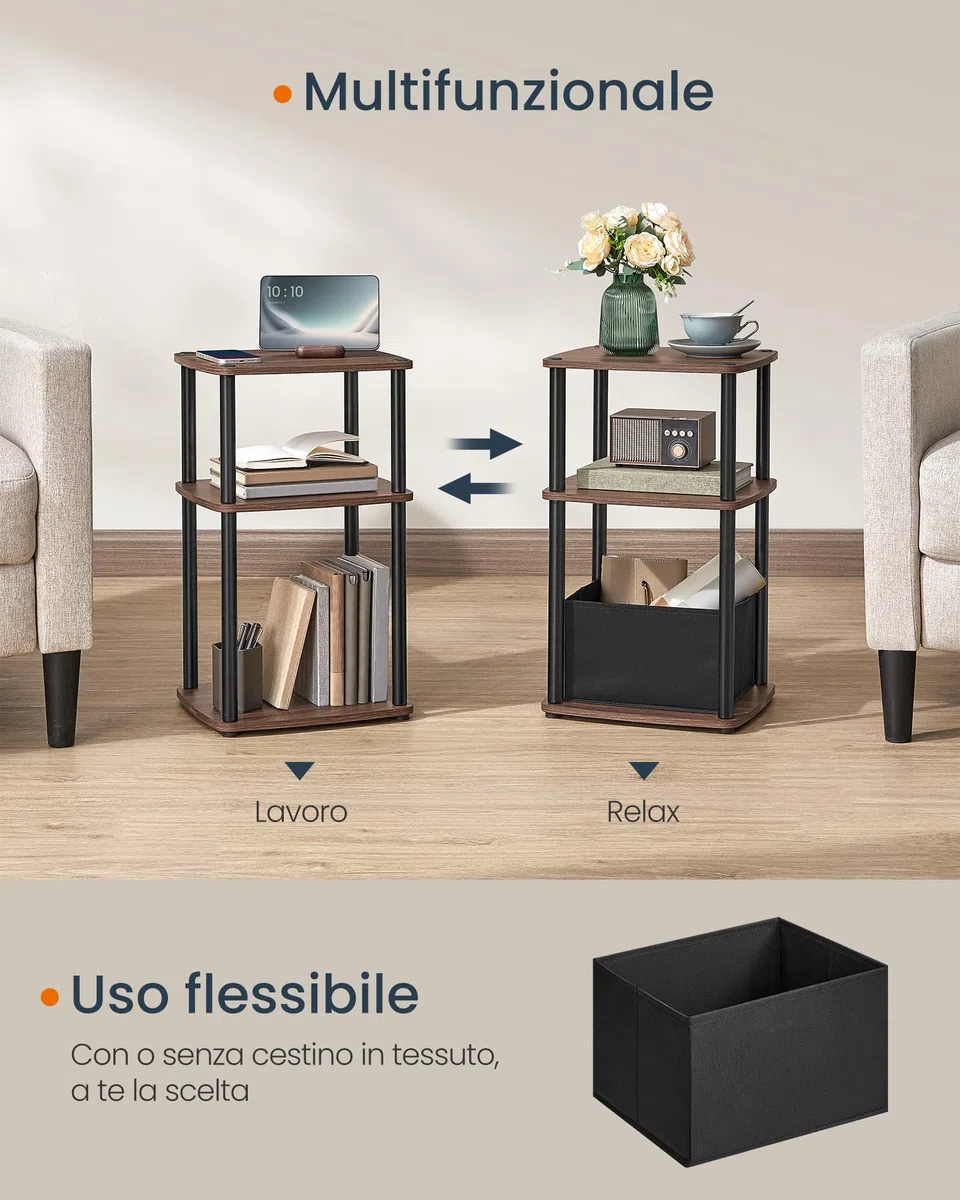 SONGMICS HOME Tavolino, Comodino, 3 Ripiani, Cestino in Tessuto, per Camera da Letto, Soggiorno, Struttura in Acciaio, 30 x 34 x 58 cm, Moderno, Noce Naturale LET286K01