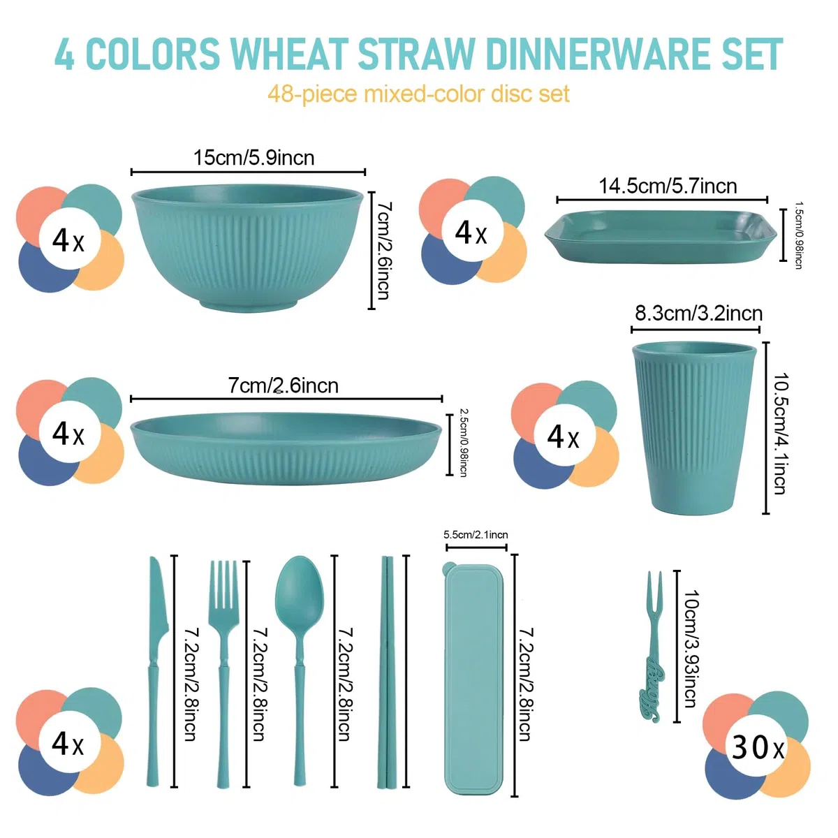 48 Pezzi Set di Stoviglie da Campeggio in Plastica Infrangibile, 8 Piatti, 4 Ciotole e 4 Tazze con Posate, Ideale per Picnic, Barbecue e Viaggi, Leggero e Resistente