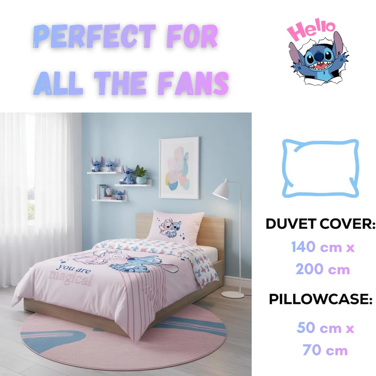 Disney Stitch & Angel Set di biancheria da letto reversibile | Letto singolo 140x200 cm con copripiumino & federa 50x70 cm, 100% cotone | Morbido e traspirante set di biancheria da letto per bambini