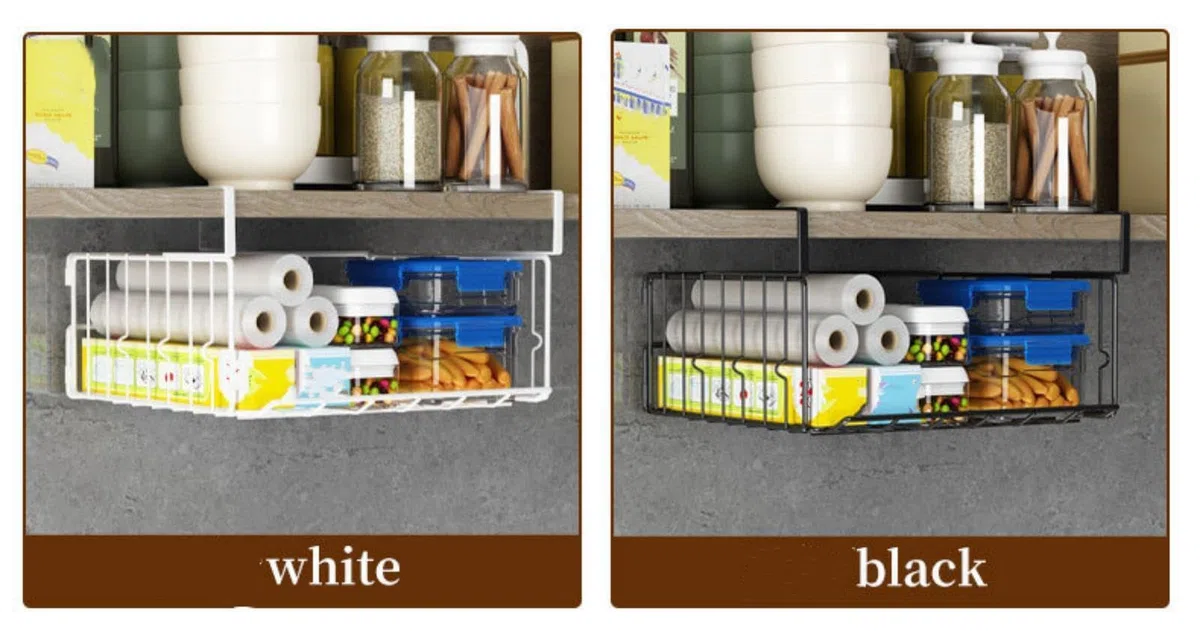 2 Pezzi Cesto Portaoggetti Pieghevole, Scaffale Sotto Cabinet Pieghevole Metallo Cestino da Appendere per Cucina, Armadio, Dispensa, Ufficio, Bagno, libreria (Nero)