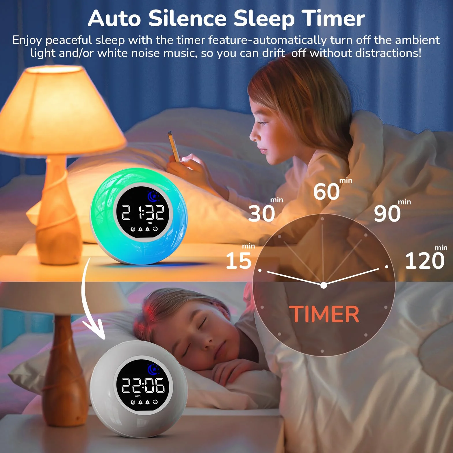 Sveglia Digitale da Comodino per Bambini con Luce Notturna a 10 Colori, Modalità Giorno e Notte, 12 Melodie, Doppia Sveglia, Timer, Luminosità e Volume Regolabili, Alimentazione a Rete