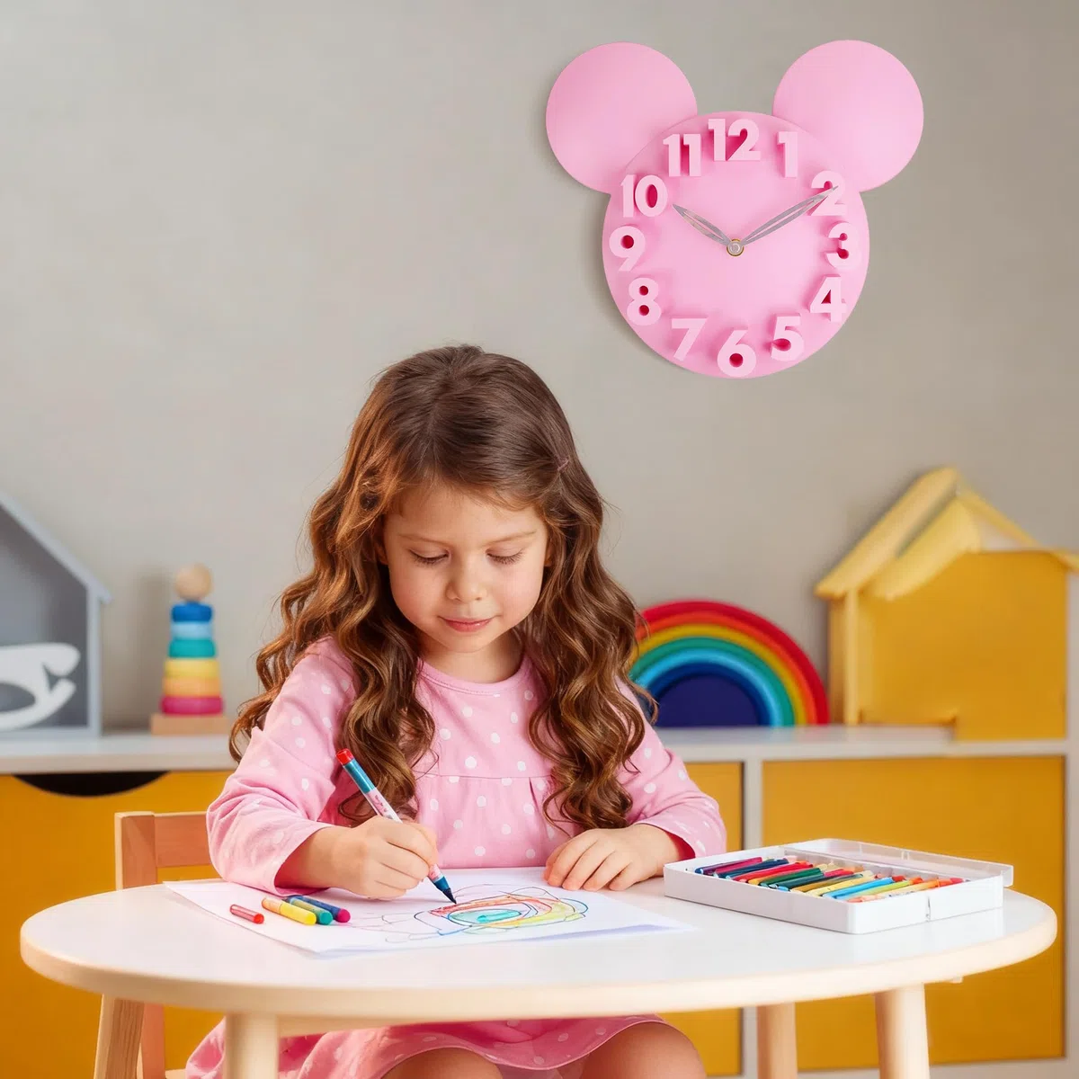 Lafocuse Orologio da Parete Topo Carino Moderno, Numeri 3D Creativo Design, Rosa Orologio Facile da Leggere per Bambini Ragazzo Ragazza Soggiorno Camera da Letto Scuola 32x28cm