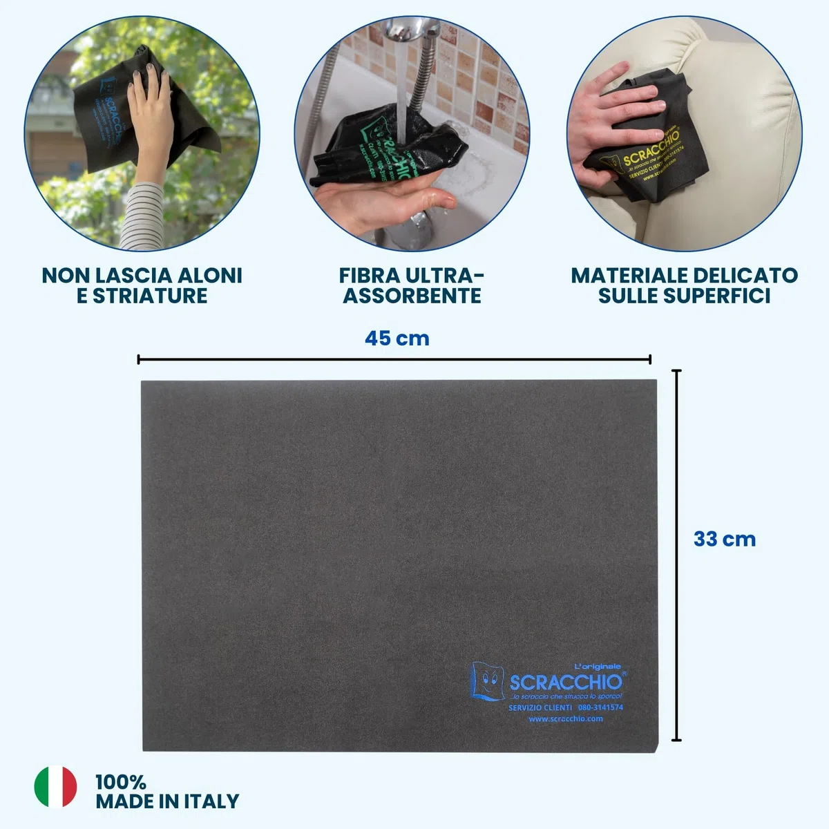 Scracchio L'Originale, il Panno Magico in Microfibra Brevettata con Durata +5 anni che pulisce Solo con Acqua. Panno multiuso, pulisci dai Vetri all'Acciaio con Zero Aloni, risultato Garantito. (2pz)