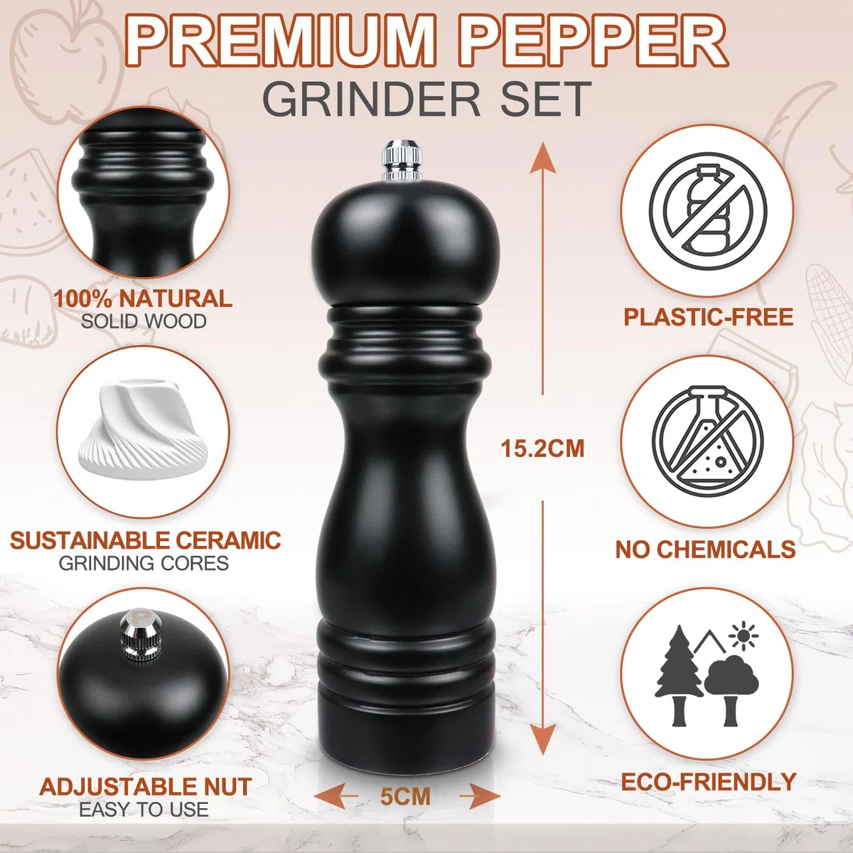 Macina Sale e Pepe Manuale, Macinapepe e Macinasale in Legno, Macinino per Spezie con Macina in Ceramica Regolabile da Fine a Grossolano, 2 Pezzi, Nero + Bianco (16.5cm)