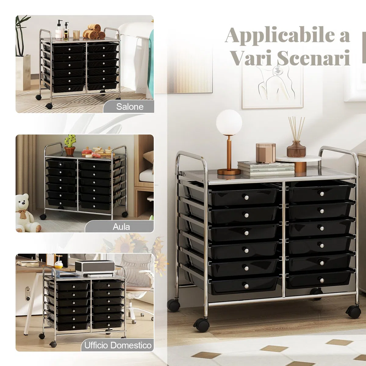 RELAX4LIFE Carrello di Stoccaggio con 12 Cassetti Estraibili, con Ruote Bloccabili e Maniglie, Struttura in Metallo, Carrello di Servizio con Ampia Piano per Soggiorno, Sala Giochi (BIANCO)