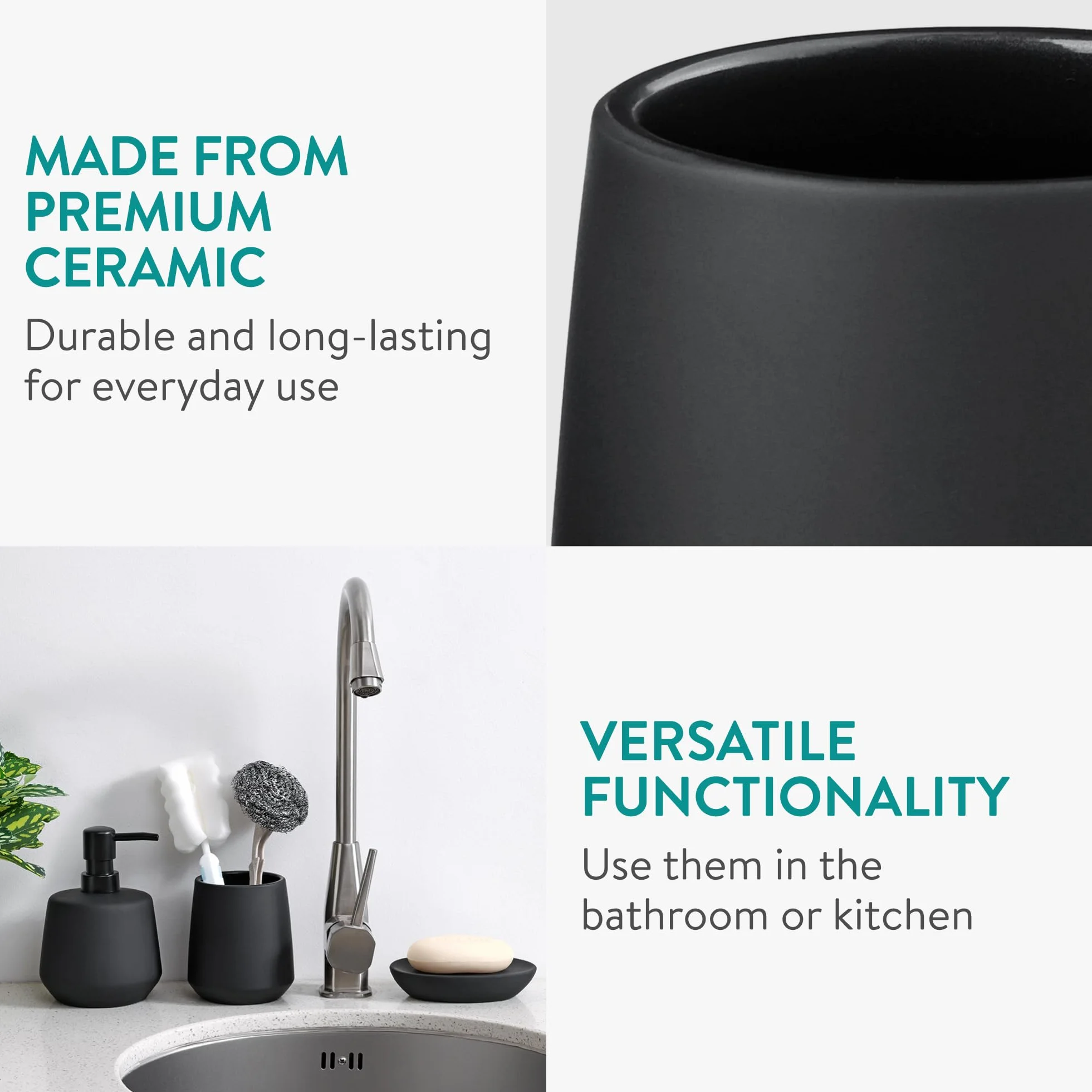 Navaris Set da Bagno Accessori Completo Nero - Include Portasapone Liquido Porta Sapone e Porta Spazzolini - Kit Bagno Moderno - in Ceramica Nera - Design Antiscivolo - Versatile