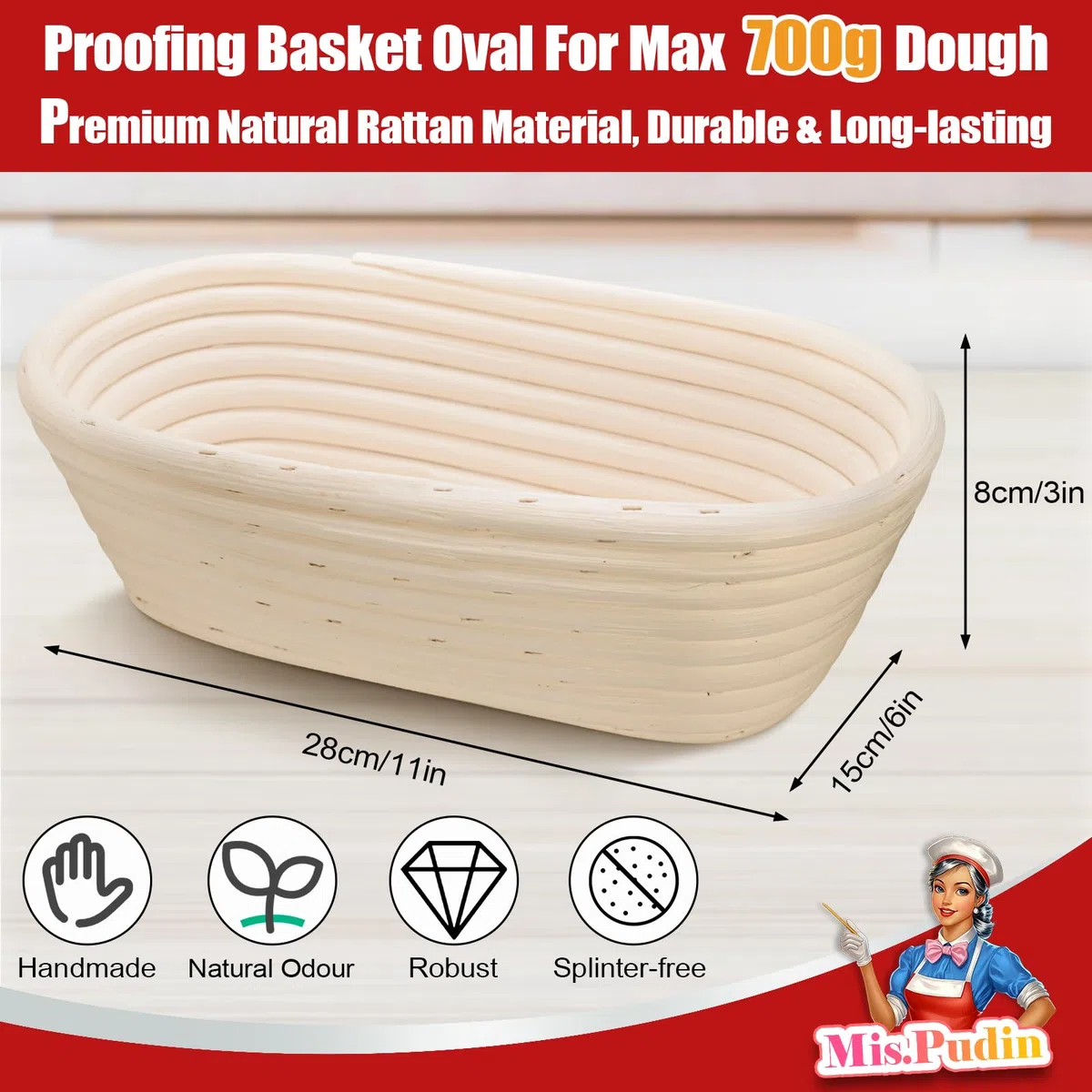Cestino Lievitazione Pane Ovale 28 cm per 700g di Impasto, Set Cestino Pane in Rattan Naturale con Panno di Lino, Coperchi per Lievitazione, Taglierino, Spazzole - Kit Panificazione Avvio
