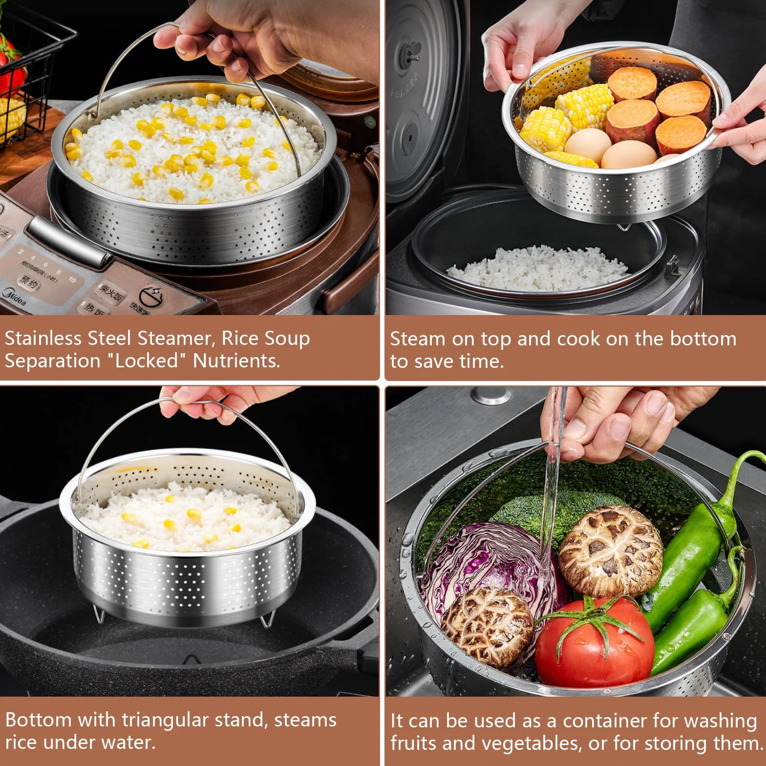 Inserto per cestello a vapore, in acciaio inox, per pentole, inserto a vapore, pentola con manico, per stufare verdure, frutta e uova (rotondo 20 cm)
