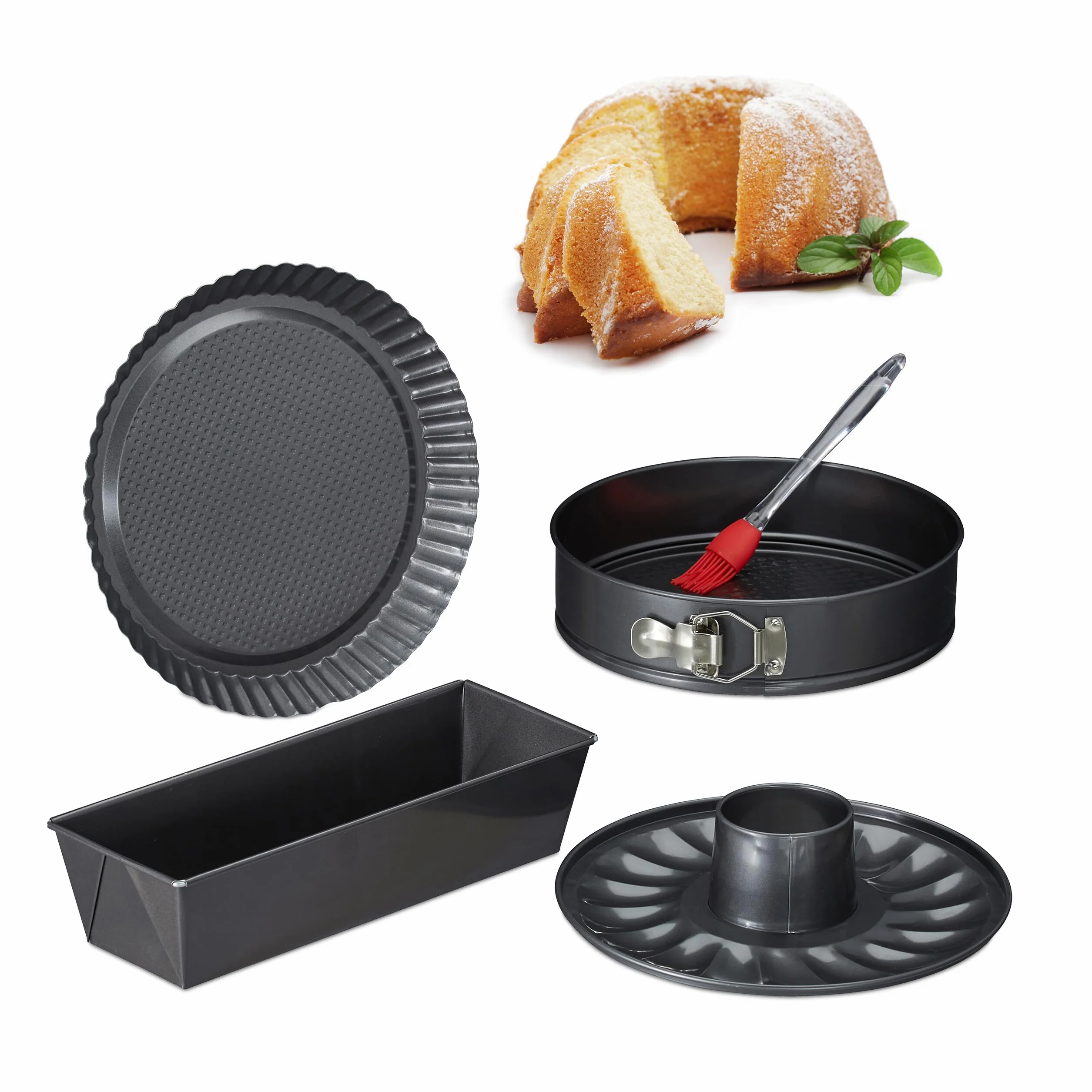 Relaxdays Stampo da Forno, Set da 5, Tortiera Apribile con Fondo da 26 cm, Stampo per Plum Cake, Crostate, Antracite