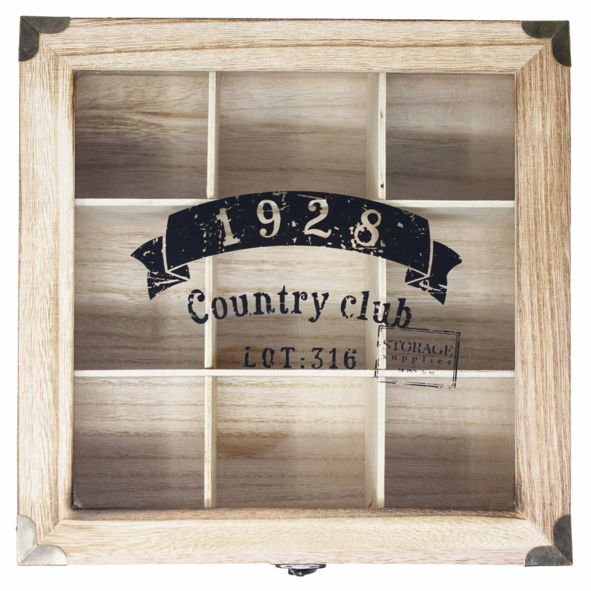 ToCi Scatola da tè in legno naturale con 9 scomparti – Scatola rettangolare con finestra in stile vintage – Contenitore per tè per bustine di tè, spezie e piccole parti | 24 x 24 x 8,5 cm