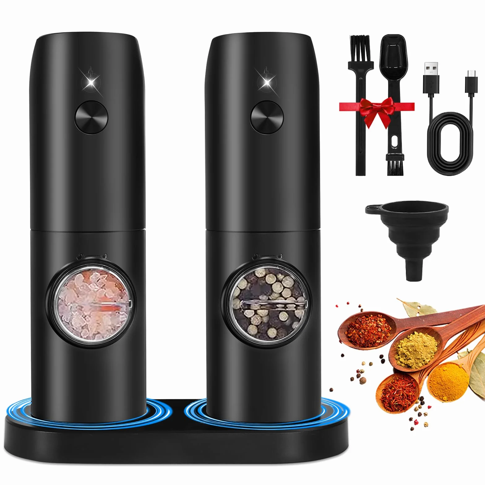 UCAMP Macina Sale e Pepe Elettrico con Base Ricaricabile,Macina Pepe Automatic,Macinaspezie con Granulosità Regolabile,Macina Spezie con Pennello e Cucchiaio,Luce Led,per Barbecue,Ristorante Cucina