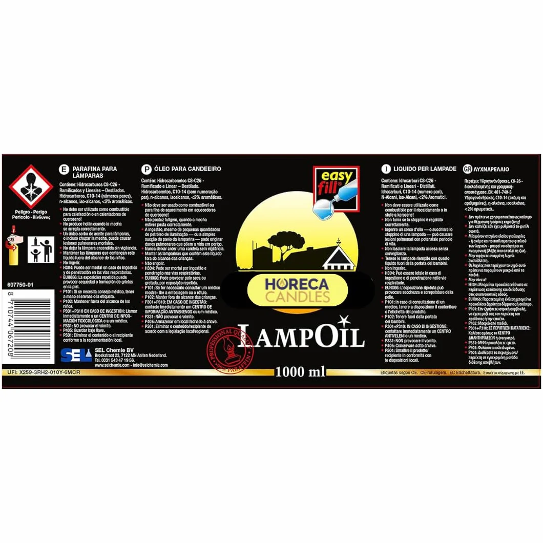 Horeca Candles Olio per Lampade – 12x1L Cera Liquida Senza Fumo e Senza Odore, 99% Paraffina Pura, Combustibile Sicuro per Lampade, Torce e Candele, Uso Religioso, Domestico e Professionale