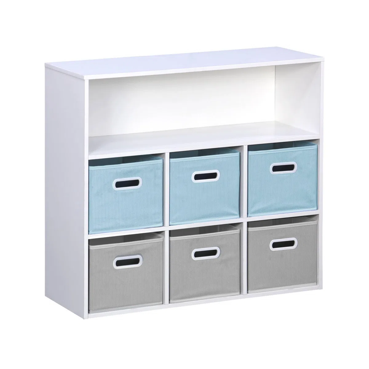 Libreria per bambini con 6 cestini in velluto, Camille, Blu, 129.5x76.2x70 cm