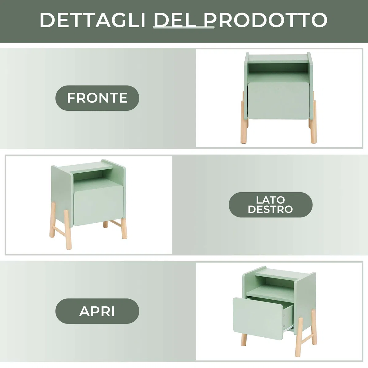 Rebecca Mobili Comodino con 1 Cassetto e 1 Ripiano, Comodino per Cameretta, Verde Acqua Marrone, MDF Pino, Stabile, per Camera Montessori - Misure HxLxP: 49 x 43 x 30 cm - Art. RE7130