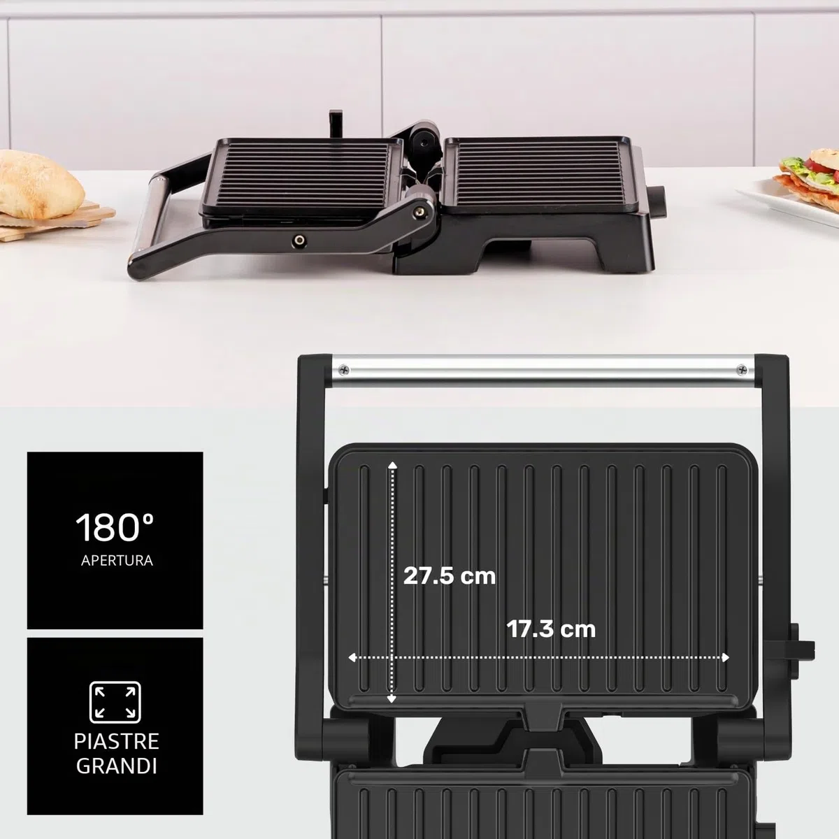 Taurus - Grill Elettrico Grill&Co GR1500X | 1500W | Piastre Antiaderenti 27,5x17,3cm | Coperchio Basculante 180º | Termostato Regolabile | Base Antiscivolo | Vaschetta Raccogligocce