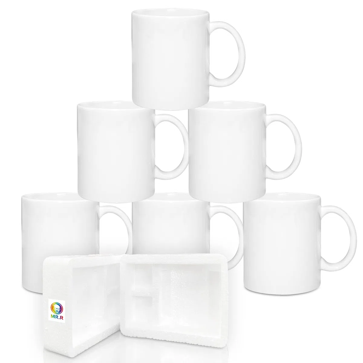 MR.R Tazze da caffè in ceramica bianca a sublimazione vuote, per lavastoviglie, 325 ml, tazza classica in ceramica con manico, per latte, tè, cola, acqua, confezione da 6 pezzi
