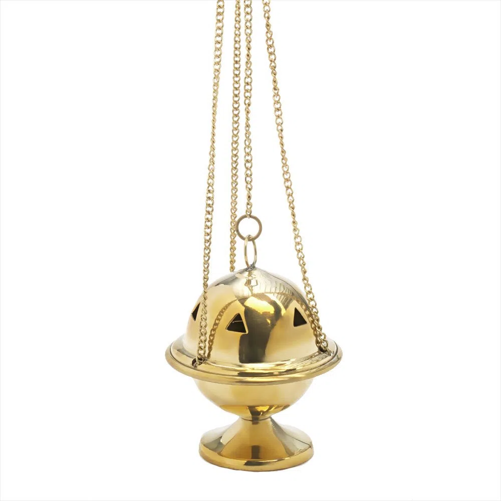 Nklaus Portaincenso in ottone dorato lucido Catena 33 cm 8x6,5 cm Bruciatore di incenso tradizionale per chiesa, rituali e casa 2941
